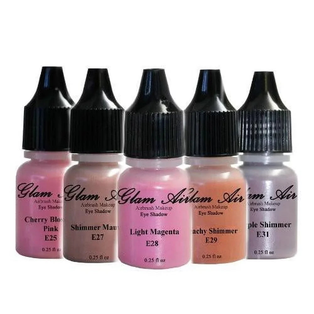 Set of Five (5) Shades of Glam Air Airbrush Eye Shadow Makeup E25 Cherry Blossom Pink, E27 Shimmer Mauve, E28 Light Magenta, E29 Peachy Shimmer, and E31 Purple Shimmer moisture-based Formula Last All Day