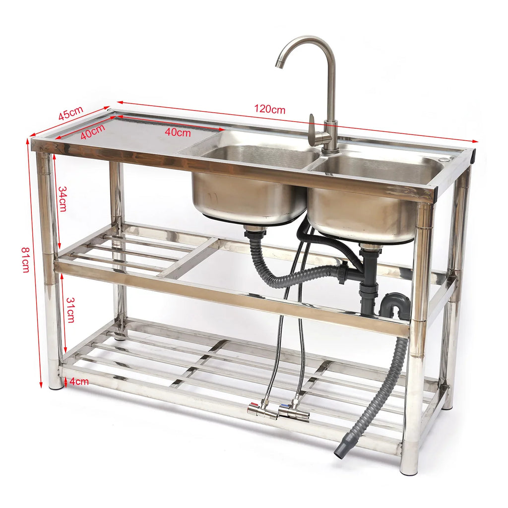 Loyalheartdy 2 Compartment Commercial Kitchen Sink Stainless Steel Utility Sink Basin Catering Prep Table+360° Faucet+2 Drainboard