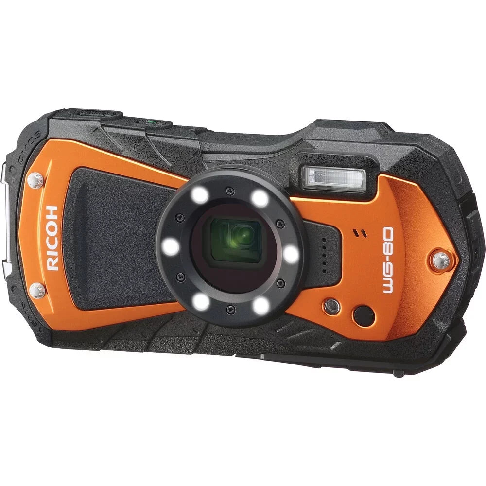 Ricoh WG-80 Waterproof Digital Camera (Orange) with 64GB Extreme Pro SD Card + Small Case + Selfie Stick + Memory Card Wallet + Memory Card Reader + 6Ave Cleaning Kit