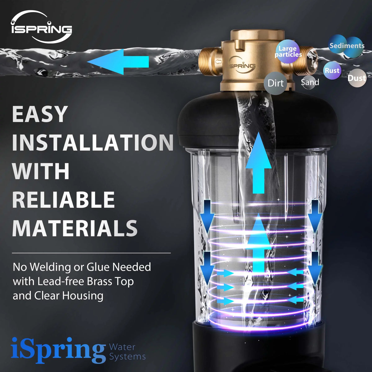 iSpring WSP50ARJ Spin-Down Sediment moisture Filter, Upgraded Jumbo Size, Large Capacity, Reusable with Touch-Screen Auto Flushing Module, Brass Top Clear Housing, 50 Microns