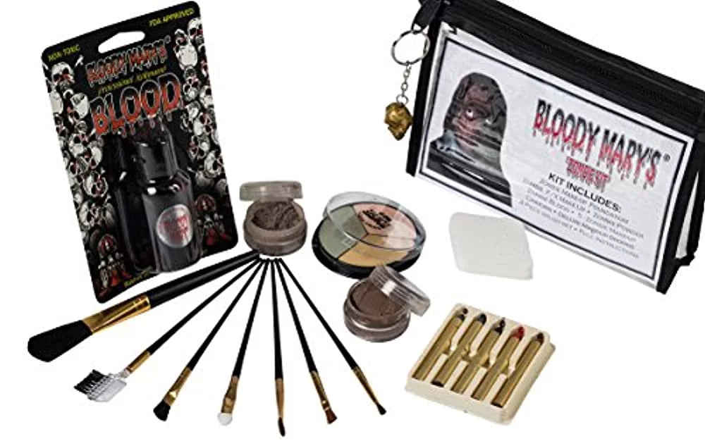 Zombie Makeup Kit By Bloody Mary - Halloween Costume Special Effects Palette - Walking Dead FX Makeup Tools - 5 Crayons, Blood, Setting Powder, 4 Application Brushes, 1 Sponge - Carrying Case Included