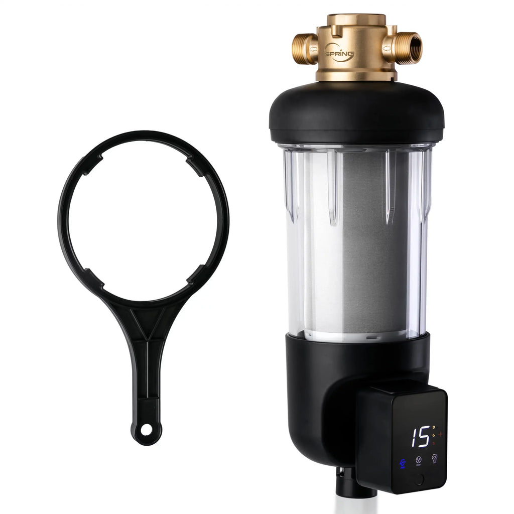iSpring WSP50ARJ Spin-Down Sediment moisture Filter, Upgraded Jumbo Size, Large Capacity, Reusable with Touch-Screen Auto Flushing Module, Brass Top Clear Housing, 50 Microns
