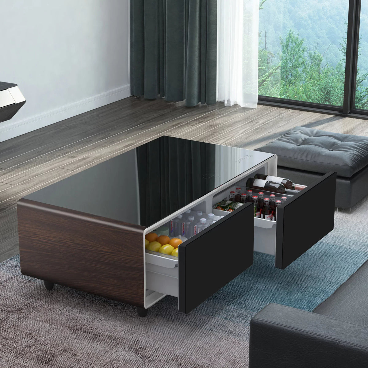 Modern Smart Coffee Table with Built-in Fridge, Bluetooth Speaker, Wireless Charging Module, Touch Control Panel, Power Socket, USB Interface, Outlet Protection, Atmosphere light, Brown