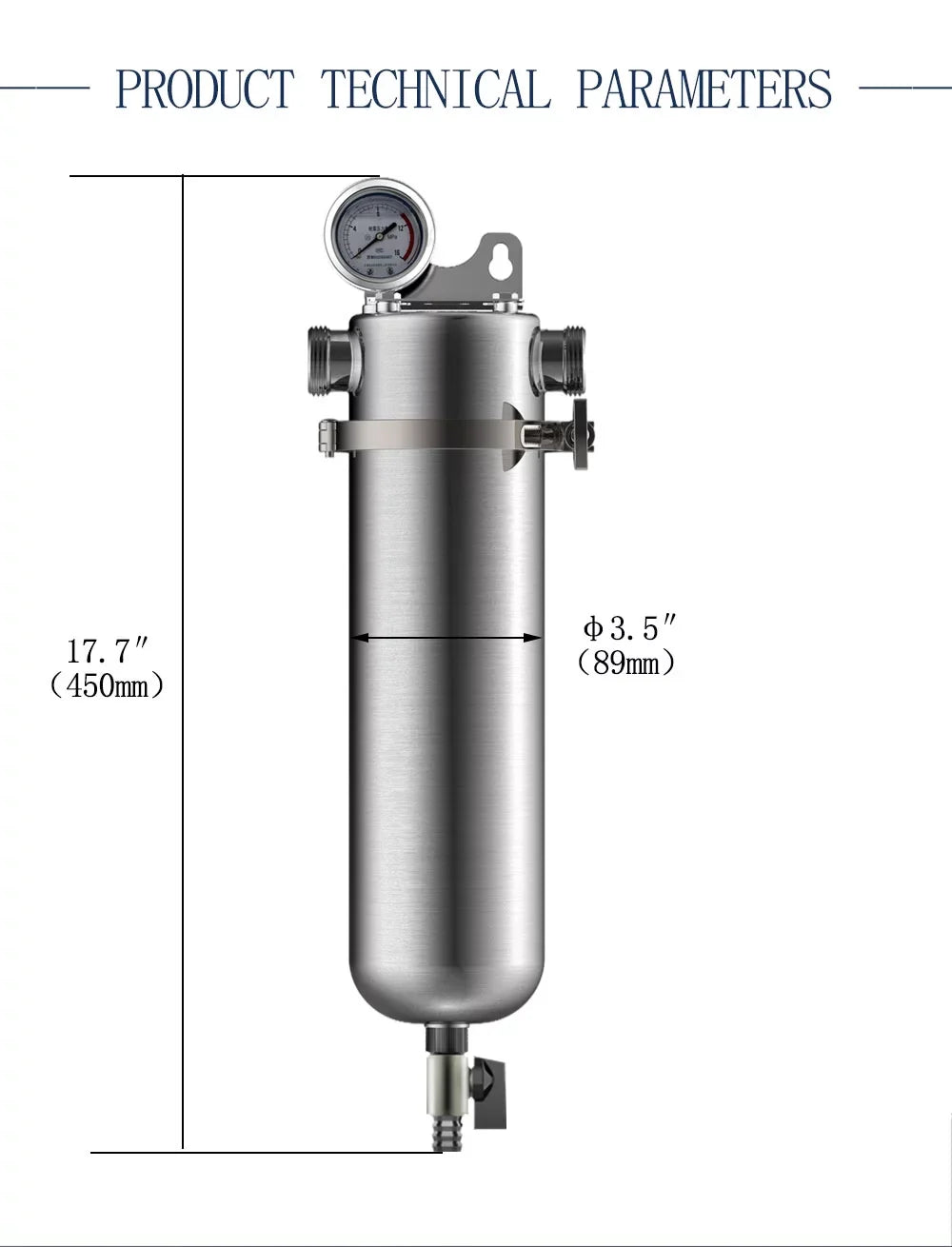 TECHTONGDA Front liquid Filter Housing 10 inch Filter 1 inch NPT for Whole House moisture Purification 304 Stainless Steel 8000L/h