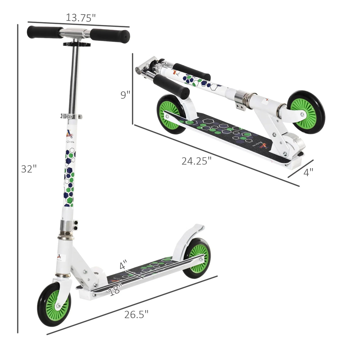 Aosom One-click Folding Kids Kick Scooter w/ Adjustable Handlebar, Push Rider with Kickstand, Dual Brake System, Durable Wheels & Sturdy Bearings, for Boys and Girls, White