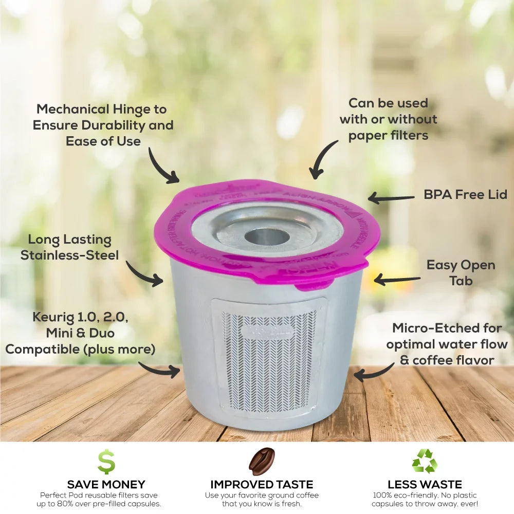 Perfect Pod 2-Pack Cafe Fill Stainless Steel Reusable Coffee Pod Micro-Etched Metal Filter, matching with Keurig Single Cup Coffee Makers & Select Other Models