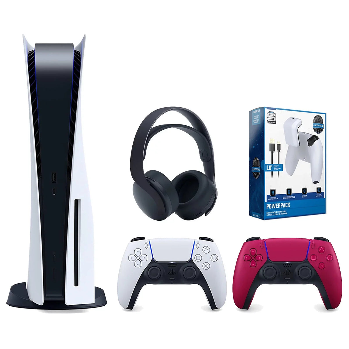 Playstation 5 Disc Version Console with Extra Red Controller, Black PULSE 3D Headset and Surge PowerPack Battery Pack & Charge Cable Bundle