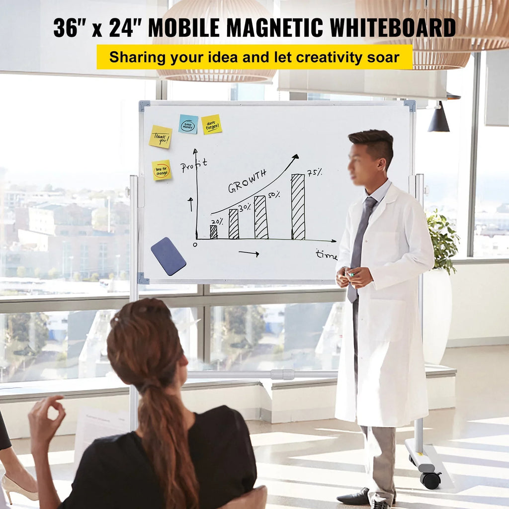 BENTISM Mobile Magnetic Whiteboard Dry Erase Board  w/ Stand 36" x 24" Double Sided with Height Adjustable Aluminum Frame and 360 Reversible Rolling Lockable Swivel Wheels for Office School Home