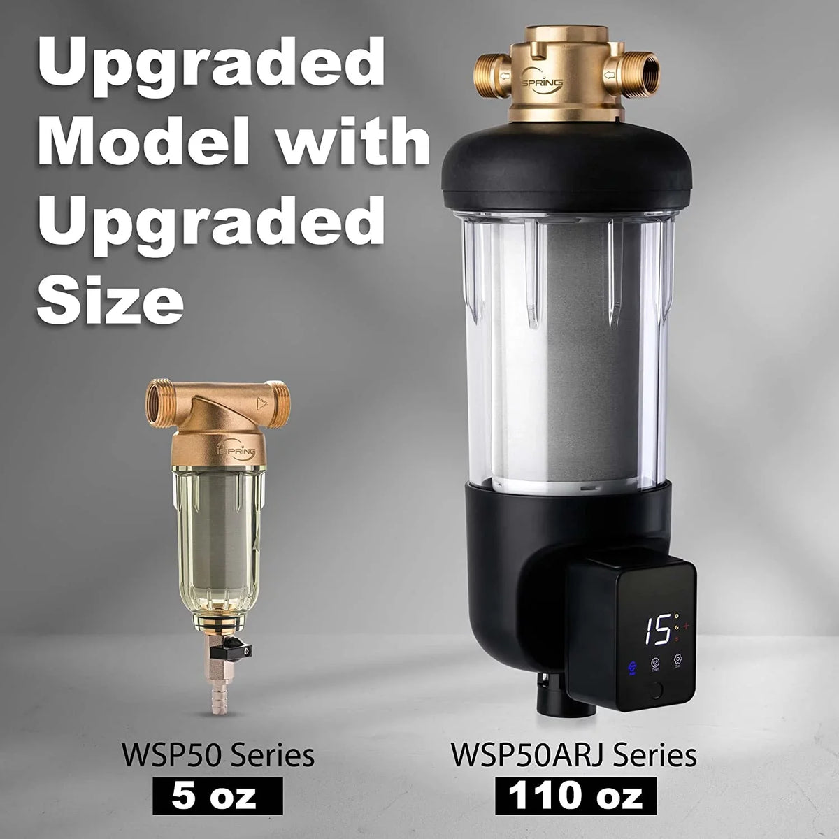 iSpring WSP50ARJ Spin-Down Sediment moisture Filter, Upgraded Jumbo Size, Large Capacity, Reusable with Touch-Screen Auto Flushing Module, Brass Top Clear Housing, 50 Microns