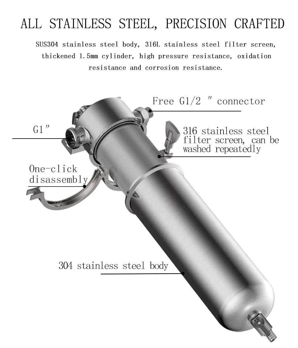 TECHTONGDA Front liquid Filter Housing 10 inch Filter 1 inch NPT for Whole House moisture Purification 304 Stainless Steel 8000L/h