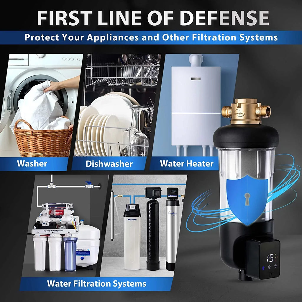 iSpring WSP50ARJ Spin-Down Sediment moisture Filter, Upgraded Jumbo Size, Large Capacity, Reusable with Touch-Screen Auto Flushing Module, Brass Top Clear Housing, 50 Microns