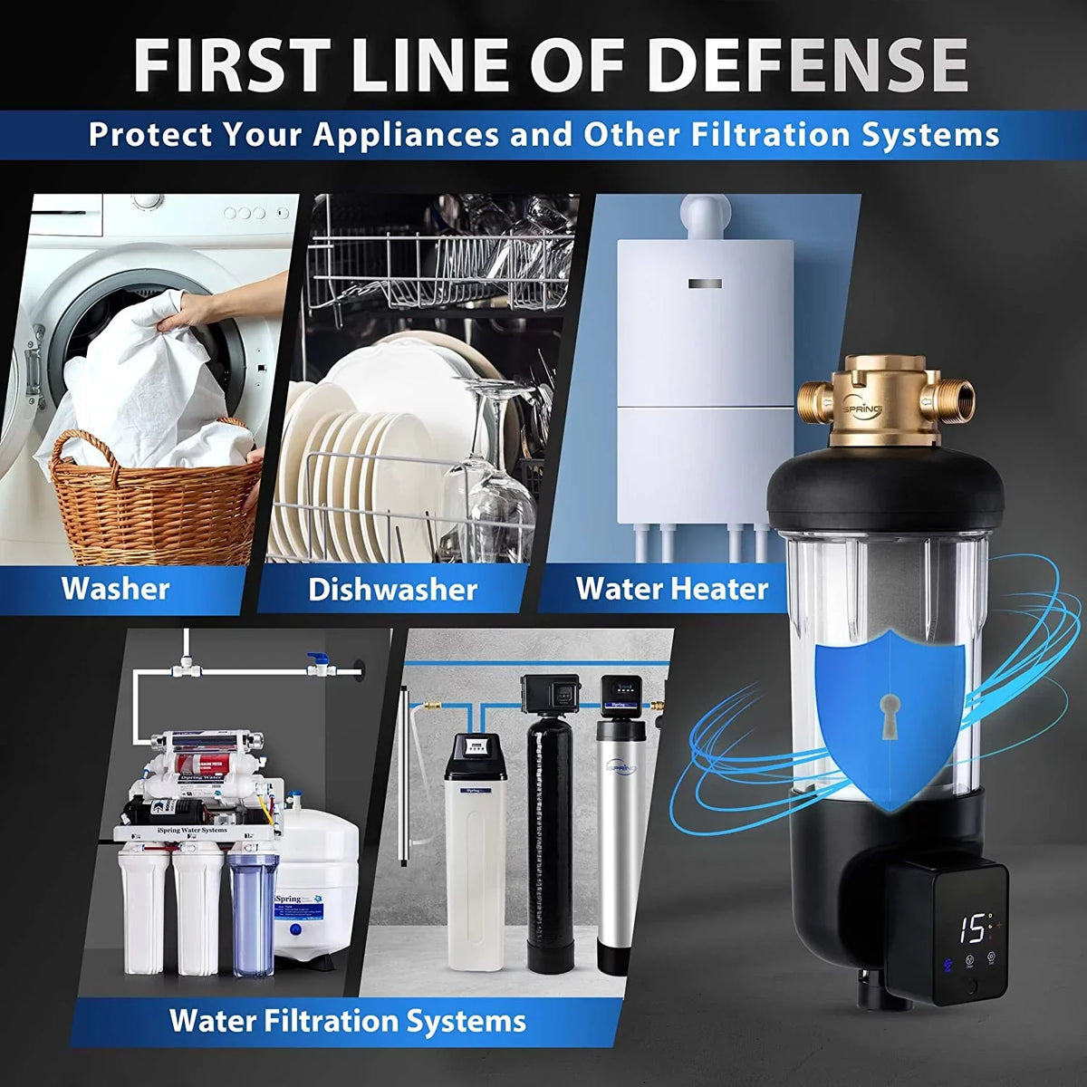 iSpring WSP50ARJ Spin-Down Sediment moisture Filter, Upgraded Jumbo Size, Large Capacity, Reusable with Touch-Screen Auto Flushing Module, Brass Top Clear Housing, 50 Microns