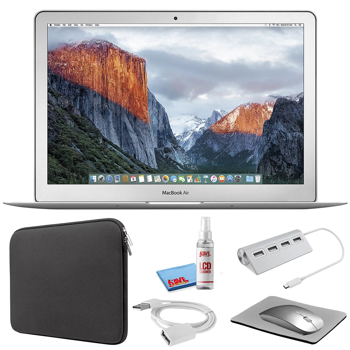 MacBook Air 13-inch (i5 1.6GHz, 128GB SSD) (Early 2015, MJVE2LL/A) - Silver Bundle with Black Zipper Sleeve + Laptop Starter Kit + Cleaning Kit (Refurbished)