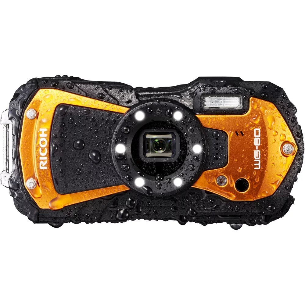 Ricoh WG-80 Waterproof Digital Camera (Orange) with 64GB Extreme Pro SD Card + Small Case + Selfie Stick + Memory Card Wallet + Memory Card Reader + 6Ave Cleaning Kit