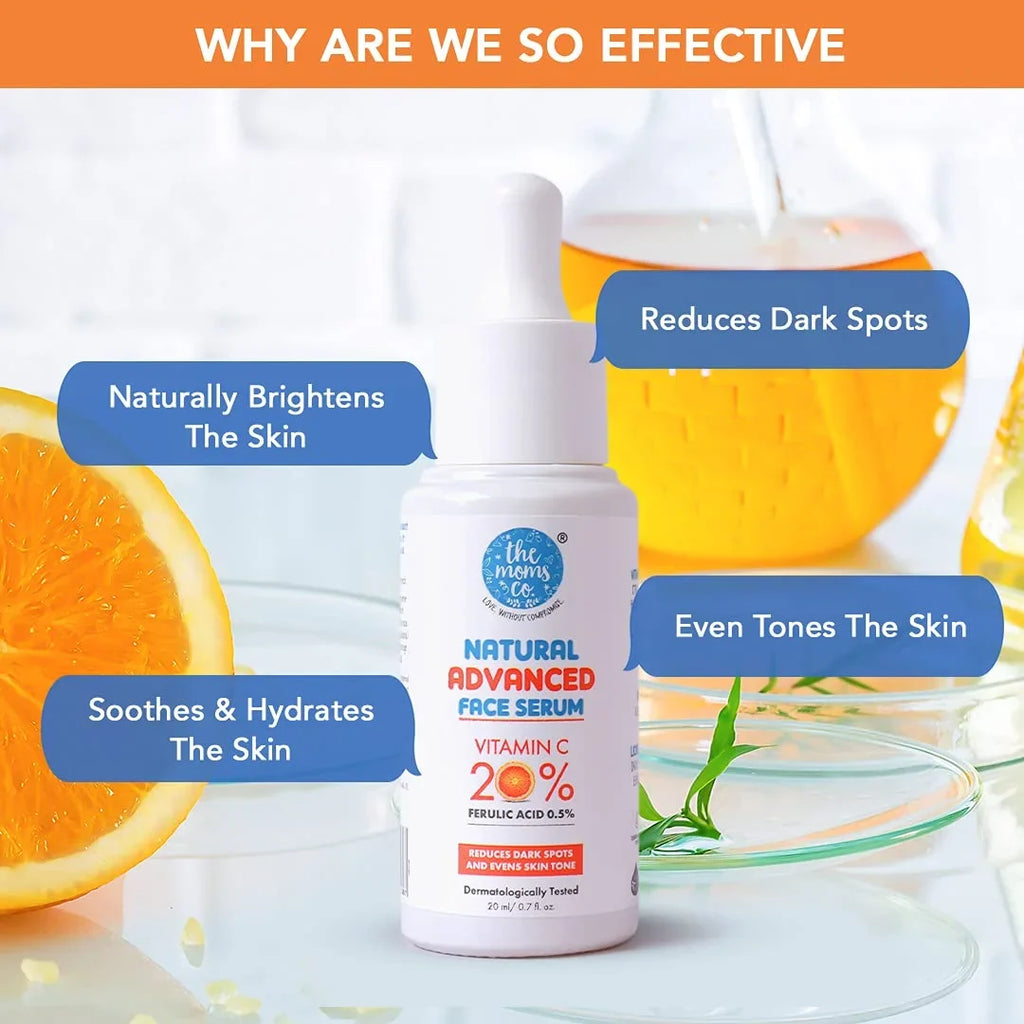 Natural Advanced Face Serum With Vitamin C For A Naturally Brighter And Even Toned Skin L 20 Percent Vitamin C L 20 Ml. The Moms Co